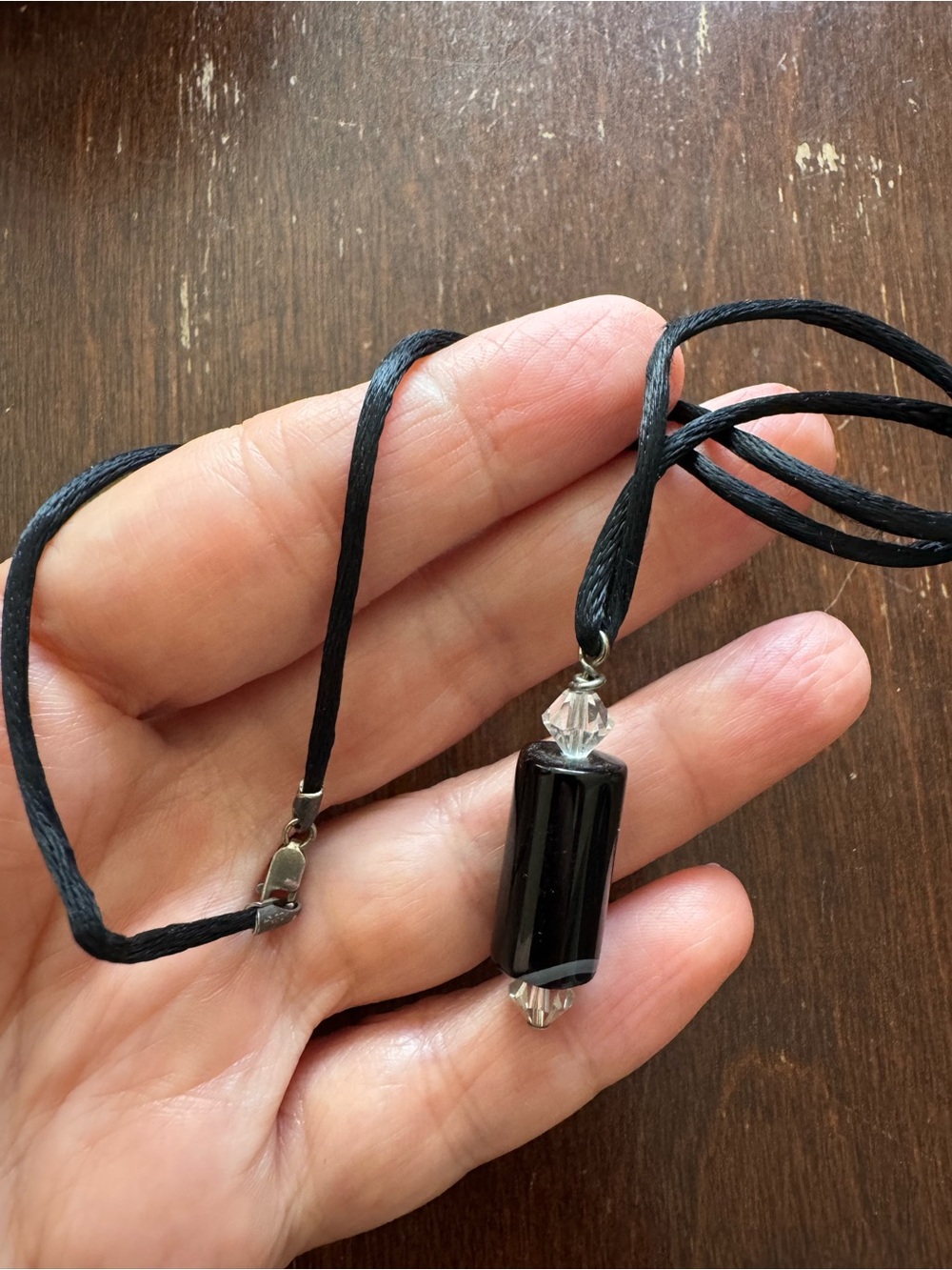 Black Bead Pendant Necklace with Cord 925 Sterling Silver Clasp - Picture 6 of 10